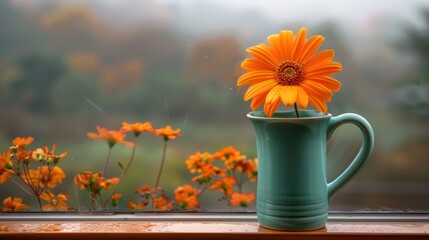 a vase with a flower in it sitting on a window sill in front of a field of orange flowers.