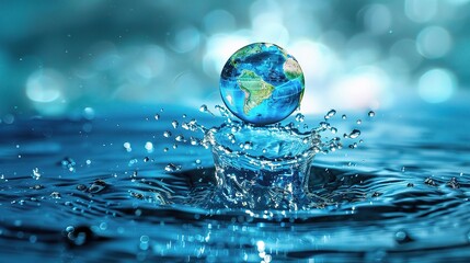 World Water Day concept with world in clean water drop on and fresh blue water ripples design, Environment save and ecology theme concept