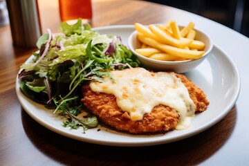 Crispy fried chicken with french fries and salad on wooden table