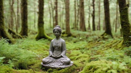 Fototapeta na wymiar Stone figurine meditating in the middle of the forest, generative AI