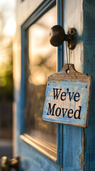 Front door of a house slightly ajar, a "We've Moved" notice hanging on the door, focus on the sign with the new address handwritten, blurred background of a residential street, early morning light 