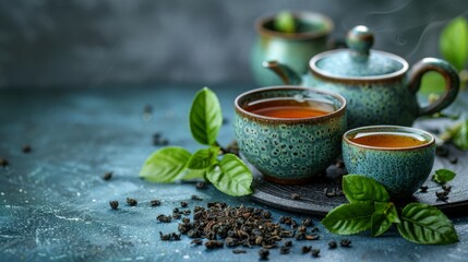 Herbal tea background. Tea cups with various dried tea leaves and flowers were shot from above on a rustic wooden table. Assortment of dry tea in ceramic bowls with copy space - obrazy, fototapety, plakaty