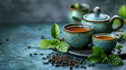  Herbal tea background. Tea cups with various dried tea leaves and flowers were shot from above on a rustic wooden table. Assortment of dry tea in ceramic bowls with copy space © ND STOCK