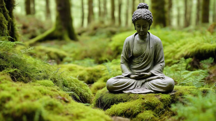 Stone figurine meditating in the middle of the forest, generative AI