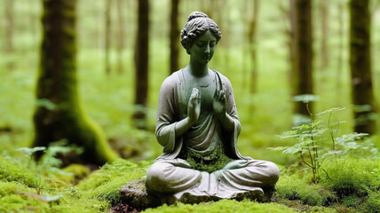 Fototapeta na wymiar Stone figurine meditating in the middle of the forest, generative AI