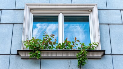 a window sill with two plants growing out of it and a blue sky with clouds reflected in the window.
