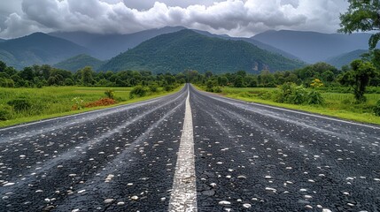 an empty road in the middle of a field with a mountain range in the back ground and clouds in the sky.