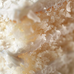 Macro shot, Detail of milk and coconut cake texture, Focus on creamy layers and coconut flakes, Blurred background