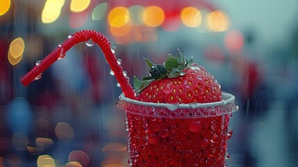 a close up of a strawberries drink in a cup with a strawberries straw on the top of it.