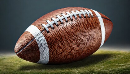 american football on grass.an American football ball, emphasizing its intricate details and lacing. Create a visually dynamic composition against a simple and crisp white background