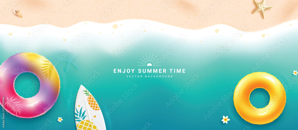 Aufkleber summer time text vector banner background. summer time greeting with floaters and surfboard elements