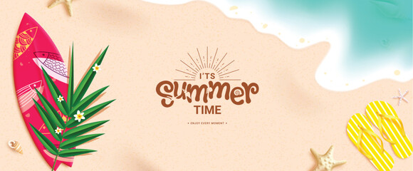 Summer time greeting vector design. It's summer time text in sand space with surfboard, palm leaf and flipflop elements for tropical season background. Vector illustration summer time greeting design. - obrazy, fototapety, plakaty