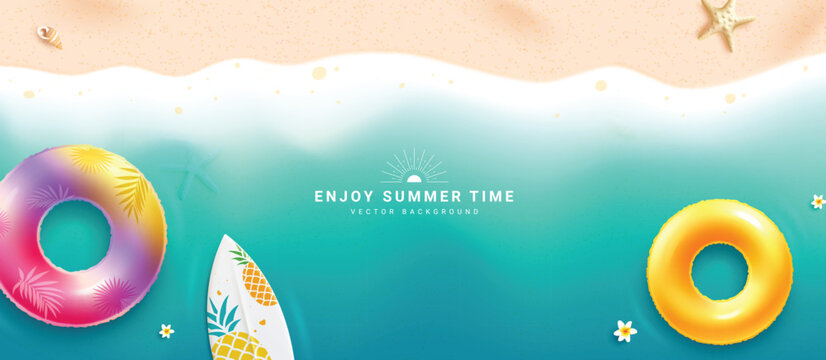 Summer time text vector banner background. Summer time greeting with floaters and surfboard elements in beach seashore top view background. Vector illustration summer greeting banner. 
