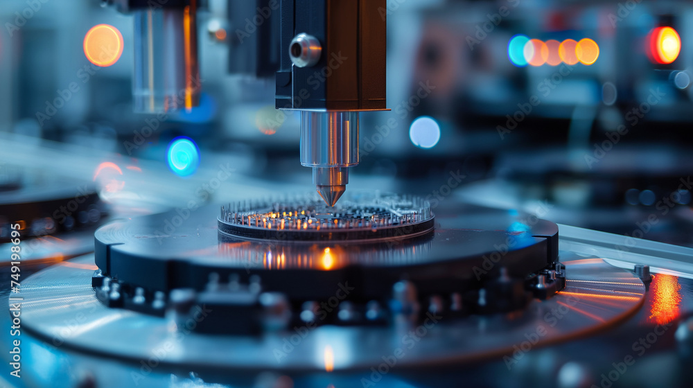 Poster close-up of silicon die are being extracted from semiconductor wafer and attached to substrate by pi