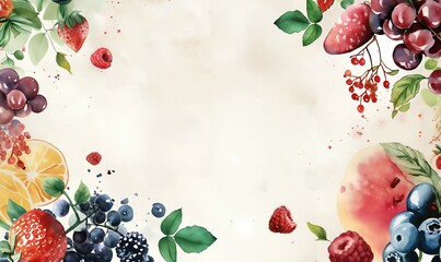 Vibrant Fresh Fruit frame in watercolor style on White, Perfect for Culinary Blog, Nutrition Banner, Menu or Cookbook Cover, space for text