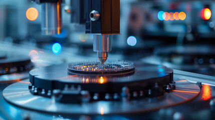 Close-up of Silicon Die are being Extracted from Semiconductor Wafer and Attached to Substrate by...