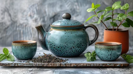 Foto op Aluminium Herbal tea background. Tea cups with various dried tea leaves and flowers were shot from above on a rustic wooden table. Assortment of dry tea in ceramic bowls with copy space © ND STOCK