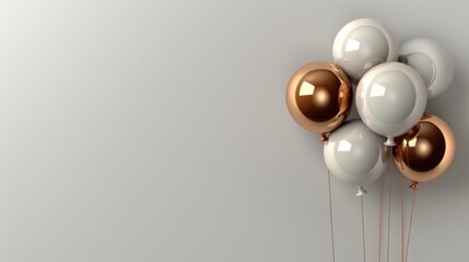 a bunch of white and gold balloons floating in the air on a gray background with a white wall in the background.