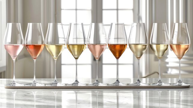 a row of wine glasses sitting on top of a counter next to a wine glass filled with different types of wine.