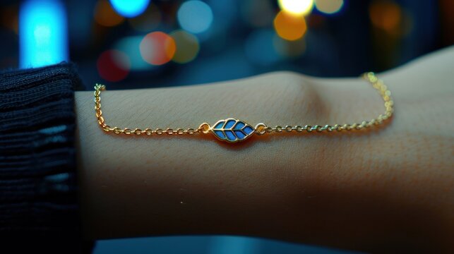 a close up of a person's arm wearing a gold chain bracelet with a blue leaf charm on it.