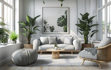 Modern living room interior with comfortable sofa, wooden coffee table, and indoor plants. Bright, minimalist design.