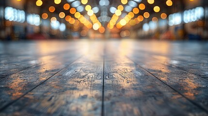 a blurry photo of a wooden floor in a building with lights on the ceiling and floor tiles on the floor. - obrazy, fototapety, plakaty