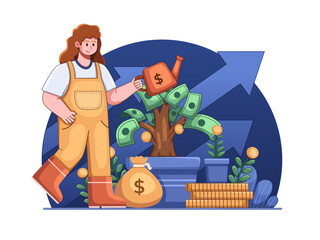 Illustration of investment growth featuring a person watering plants, symbolizing financial growth and prosperity. 
The scene portrays the importance of consistent effort in financial planning.