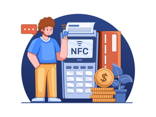Illustration NFC technology depicting people making seamless and secure transaction by paying with their smartphones using contactless technology. 
The scene showcase convenience and modern of fintech