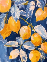 A vibrant painting featuring lemons and leaves against a bright blue background, showcasing the freshness and simplicity of the still life composition.