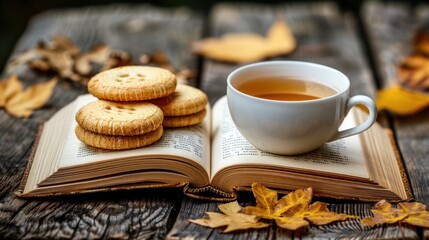 Fototapeta premium a book with a cup of tea and cookies on top of it next to leaves and a cup of tea.