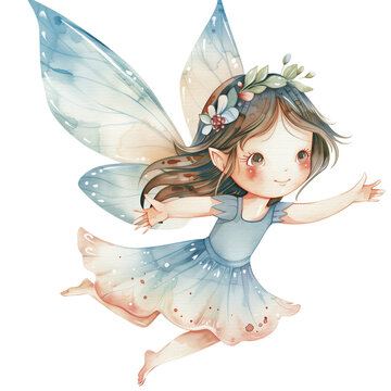 Water color charming fairy with delicate and translucent wings on transperent background