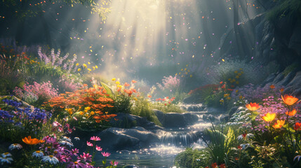 Obraz na płótnie Canvas 花に囲まれた小さな小川の小さな滝