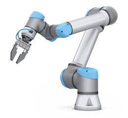 Robotic arm on a white background with an electric gripper for automated production lines. Universal robots. 3d illustration