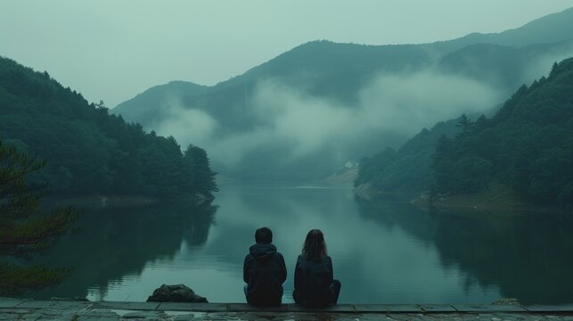 two people sitting on the edge of a body of water with mountains in the background and fog in the air.