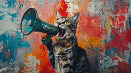 Art collage. A crazy cat with a megaphone, generative ai