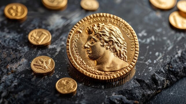 a gold coin with an image of a woman's head on it and some gold coins scattered around it.