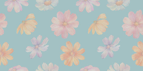flowers of delicate shades on a blue background, abstract background, seamless pattern for cards and wallpapers
