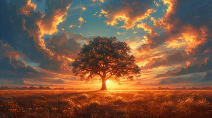 太陽の光に照らされる1本の木のある風景
