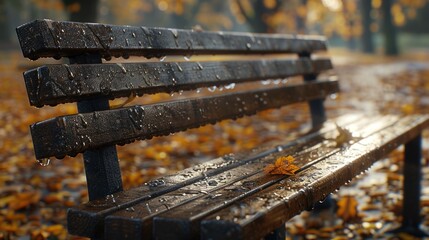 a wooden bench sitting in the middle of a park covered in autumn leaves with a leaf on it's back.