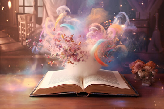 World book day, fantasy, and leisure concept. 3D style surreal Illustration of magical book with fantasy stories inside it