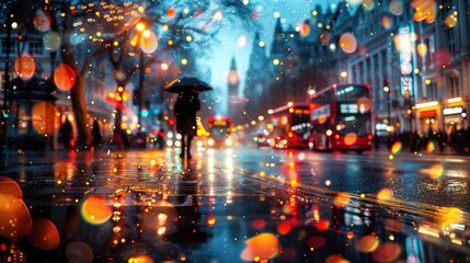 a person holding an umbrella standing in the rain on a city street with a double decker bus in the background. - obrazy, fototapety, plakaty