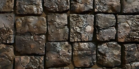 Fototapeta premium Textured ancient stone wall background with varied size blocks and natural brown tones.