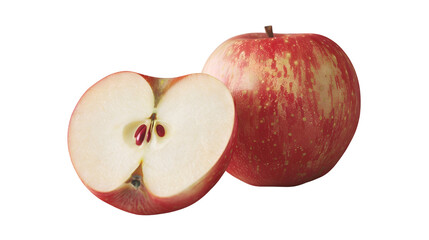 red, whole apples with half apple on a transparent background. apples are a source of vitamins and iron, healthy food