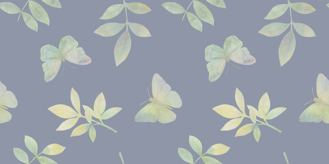 Fototapeta na wymiar Watercolor design of butterflies and leaves. Illustration of drawn branches with leaves for design, butterflies flying seamless pattern