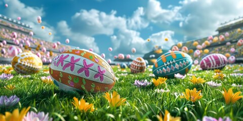 Colorful Easter eggs as toys floating in the rugby stadium. A colorful rugby ball on a field with flowers. A symbol of the Easter holiday. Spring time