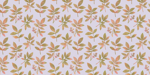 Fototapeta premium seamless botanical background of leaves, hand-drawn watercolor pattern, abstract illustration for wallpaper and packaging design, leaves on branches collected in an endless ornament