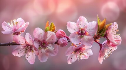a close up of a branch of a cherry tree with pink flowers and green leaves in front of a blurry background.