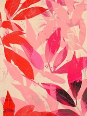 A painting featuring vibrant red and pink leaves against a clean white background, showcasing natures beauty in a bold and striking manner.