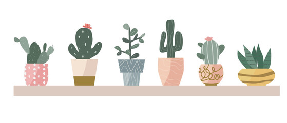 scandinavian houseplant cactus in pots with golden decor. Vector illustration of succulent flower in decorative pot. Modern home plants background. 