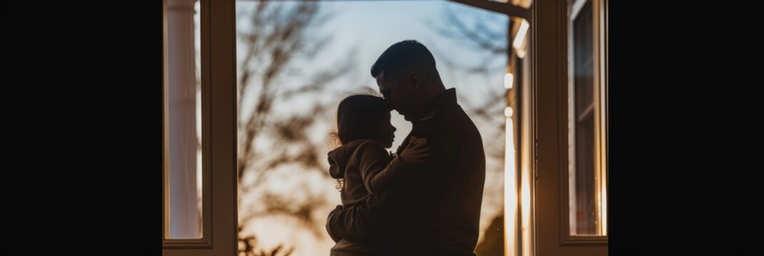 A man holds a baby in his arms as they stand in front of a window.